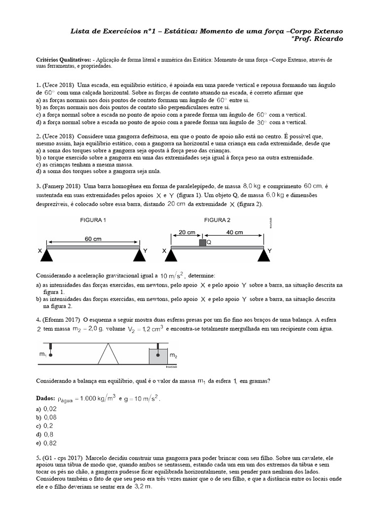 Exercícios de Estática: Momento de Força | PDF | Massa | Torque