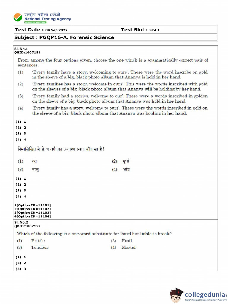 CUET PG 2022 A Forensic Science Question Paper | PDF