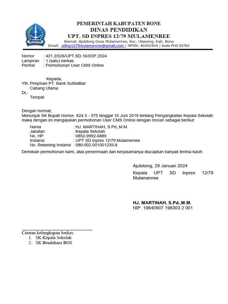 Surat Permohonan Akun CMS Online SulSelBar | PDF