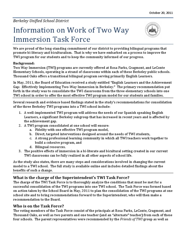 Berkeley TWI Program Consolidation Plan | PDF | Pedagogy | Teaching