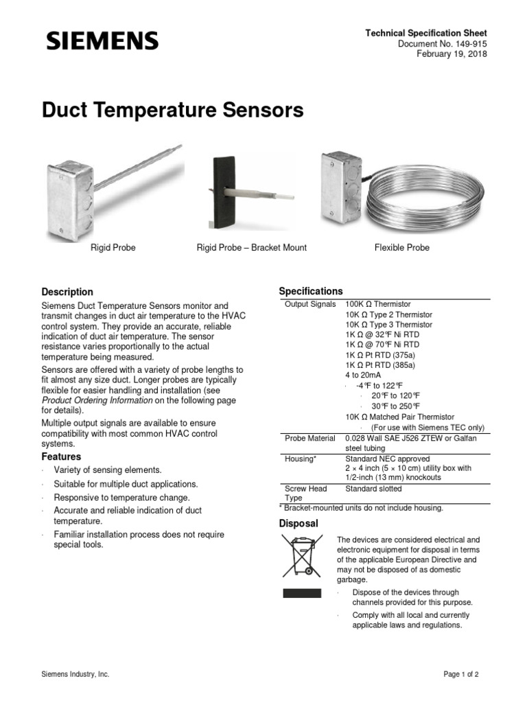 544-560-18 - Duct Temperature | PDF | Duct (Flow) | Sensor