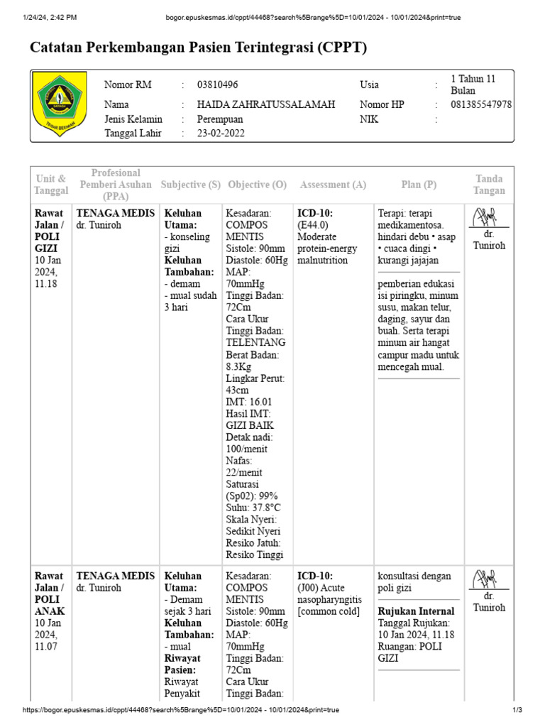 Contoh CPPT Gizi Anak 1 Tahun | PDF