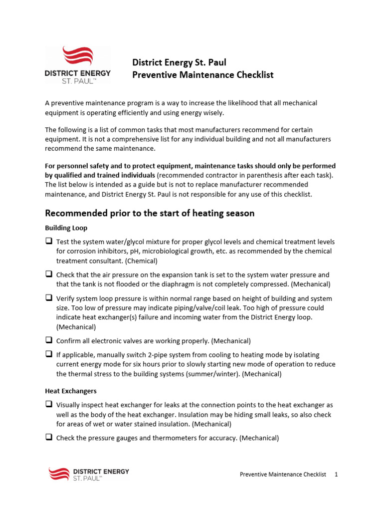 HVAC Preventive Maintenance Checklist | PDF | Heat Exchanger | Valve