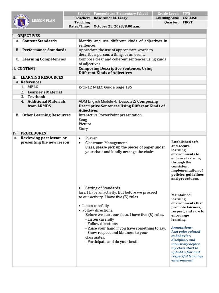 Cot English Kinds of Adjectives PDF Adjective Verb