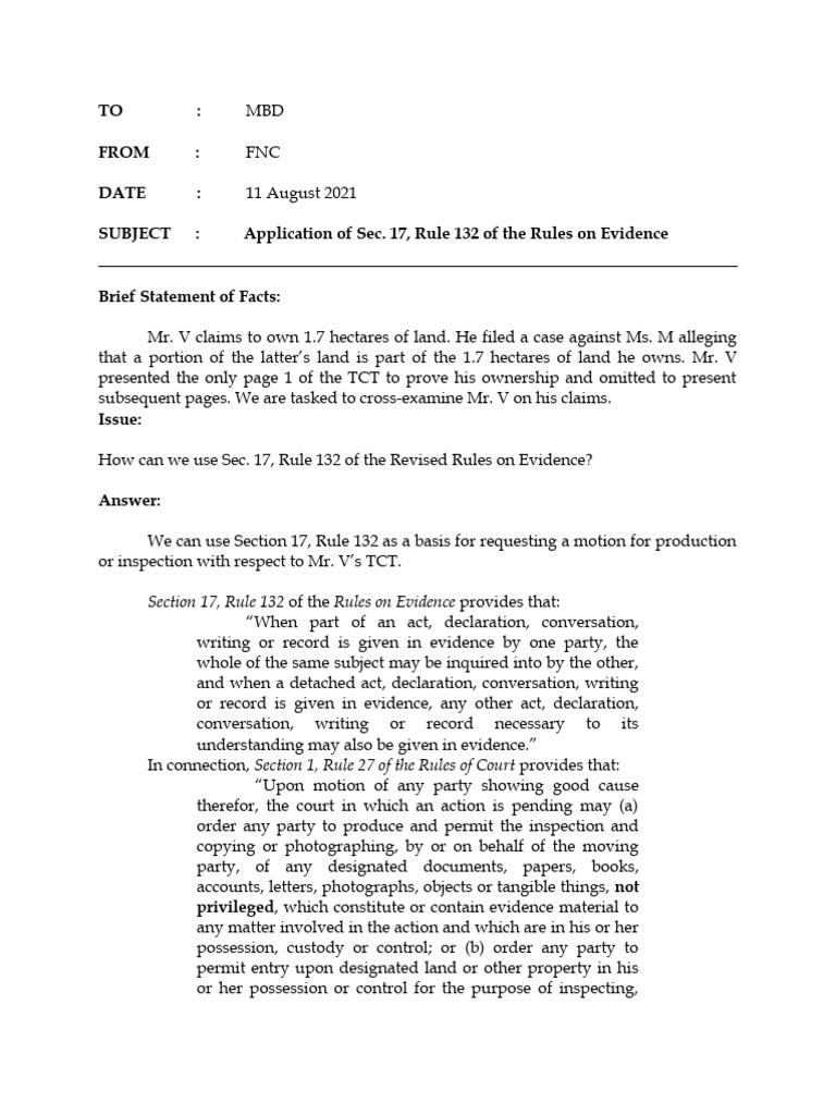 Legal Memorandum On Evidence | PDF