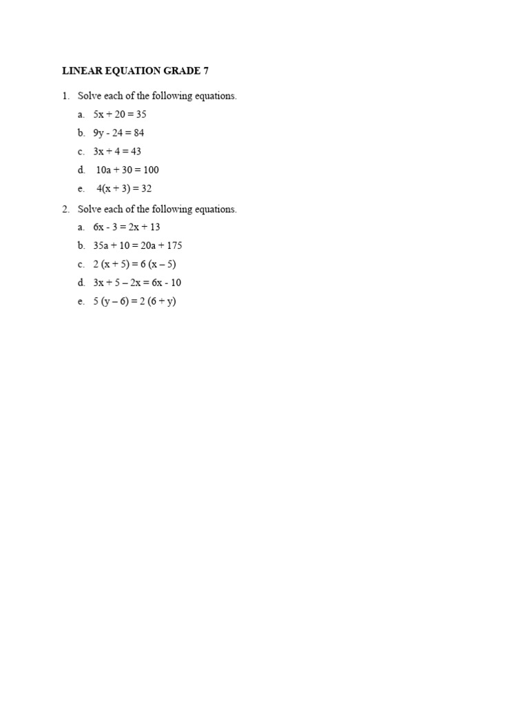Grade 7 Linear Equations Practice | PDF | Home & Garden