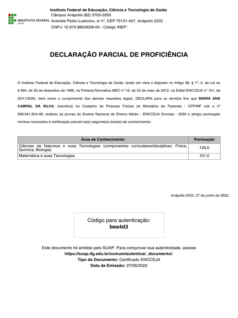 Declaração de Proficiência ENCCEJA | PDF