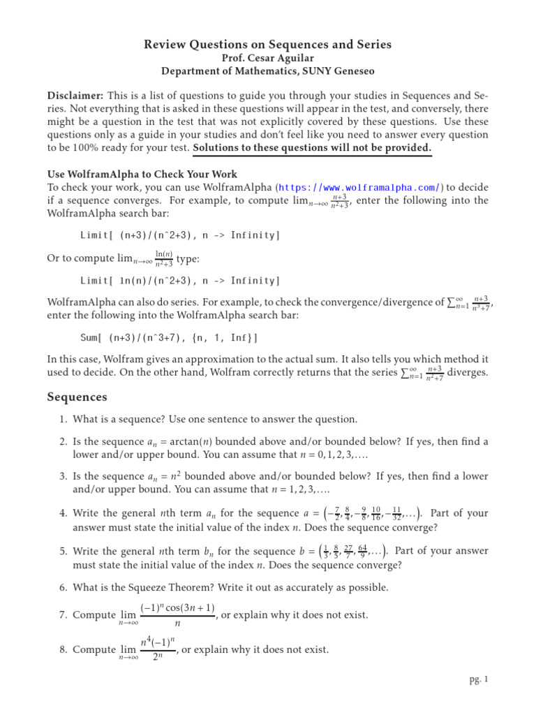 Sequences Series Review Questions | PDF | Limit (Mathematics) | Sequence