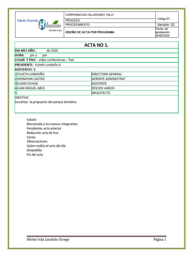 Acta De Hechos En Word