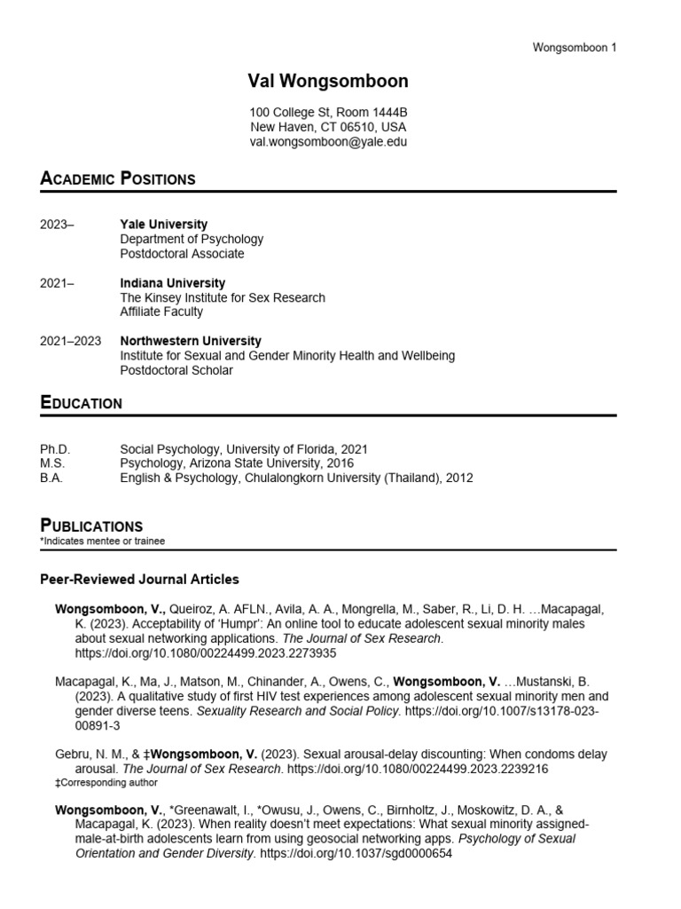 Wongsomboon cv updated 10 2023 pdf psychology sexual intercourse