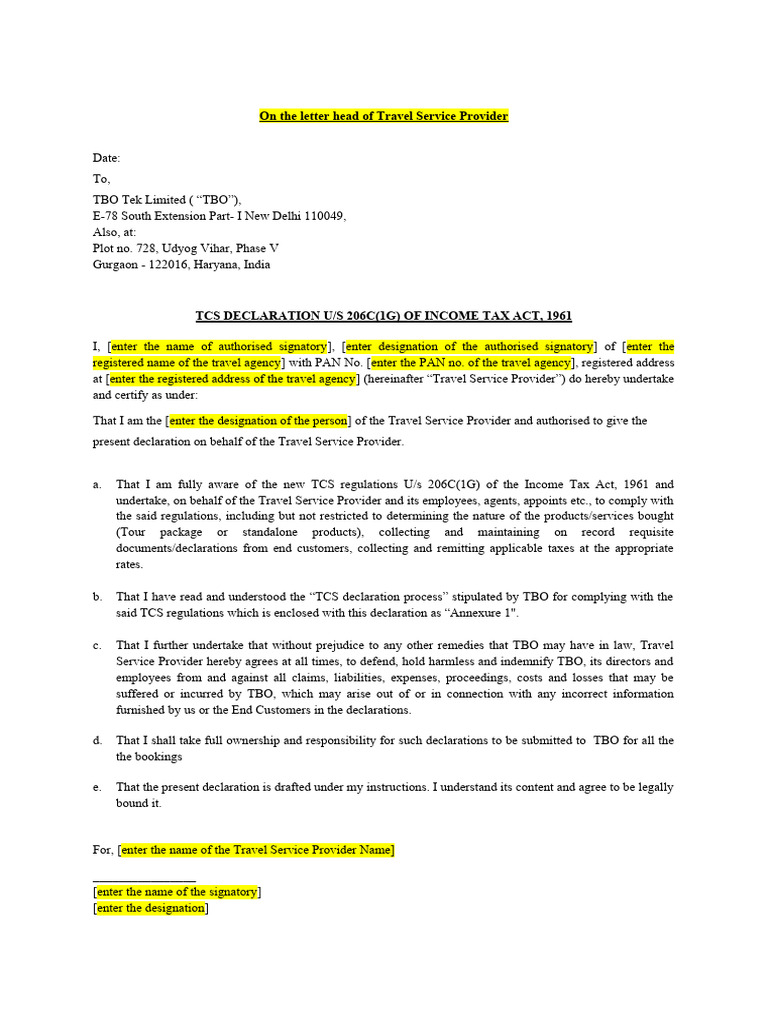 Onetime Agent Declaration TCS | PDF