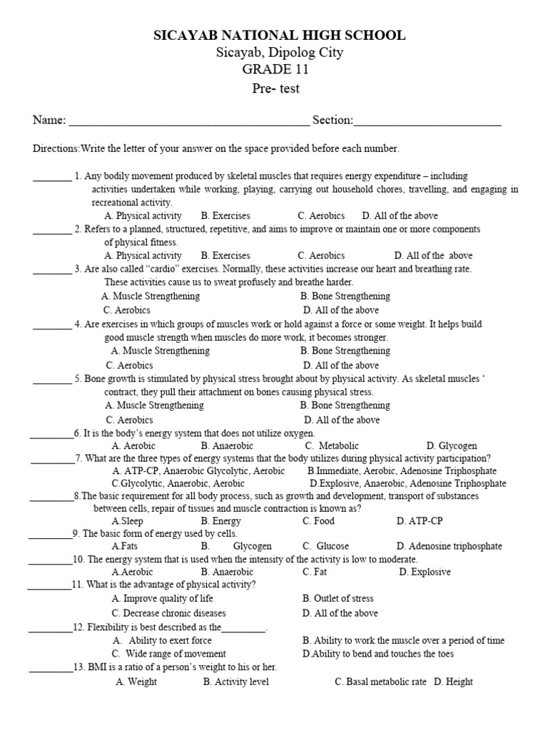 Pretest | PDF | Skeletal Muscle | Aerobic Exercise