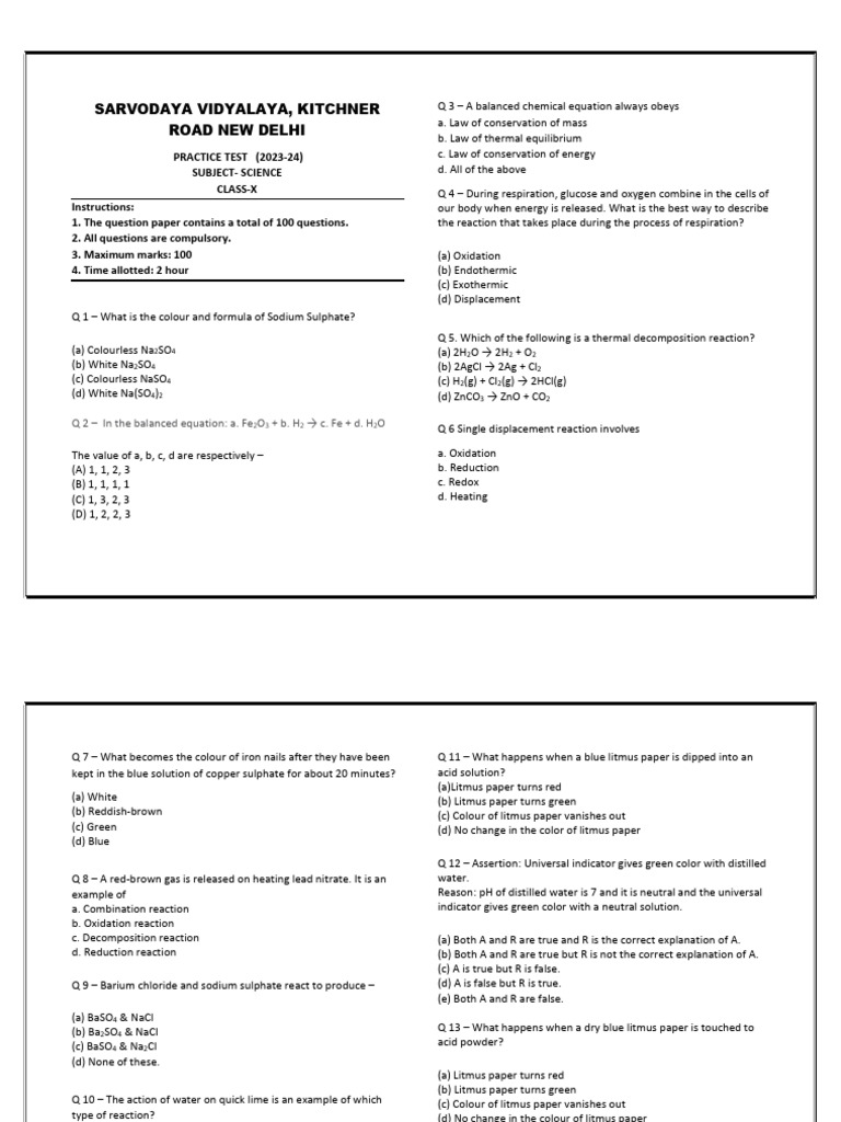 CLASS 10 PRACTICE TEST English Medium | PDF | Chemistry | Physical Sciences
