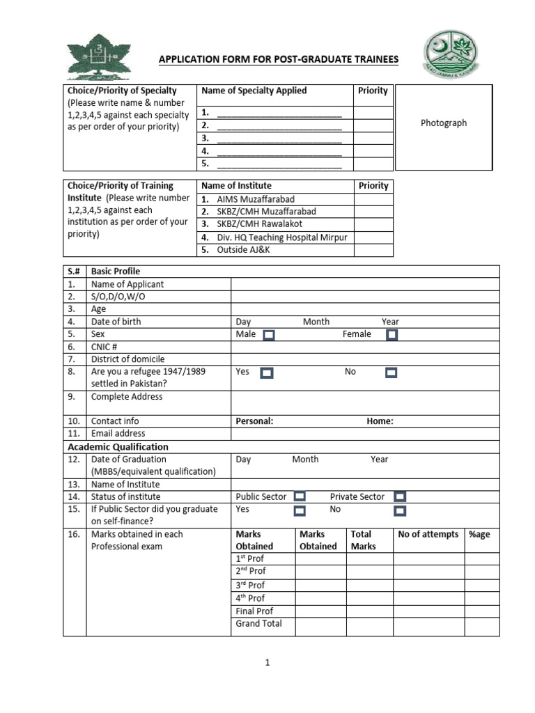 Application Form For Post Graduate Trainees | PDF