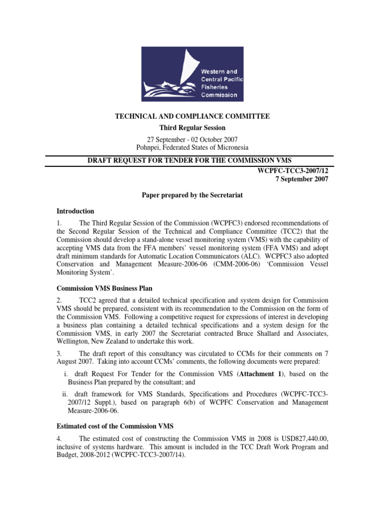 WCPFC-TCC3-2007-12 (Draft RFT For Commission VMS) | PDF | Computer ...