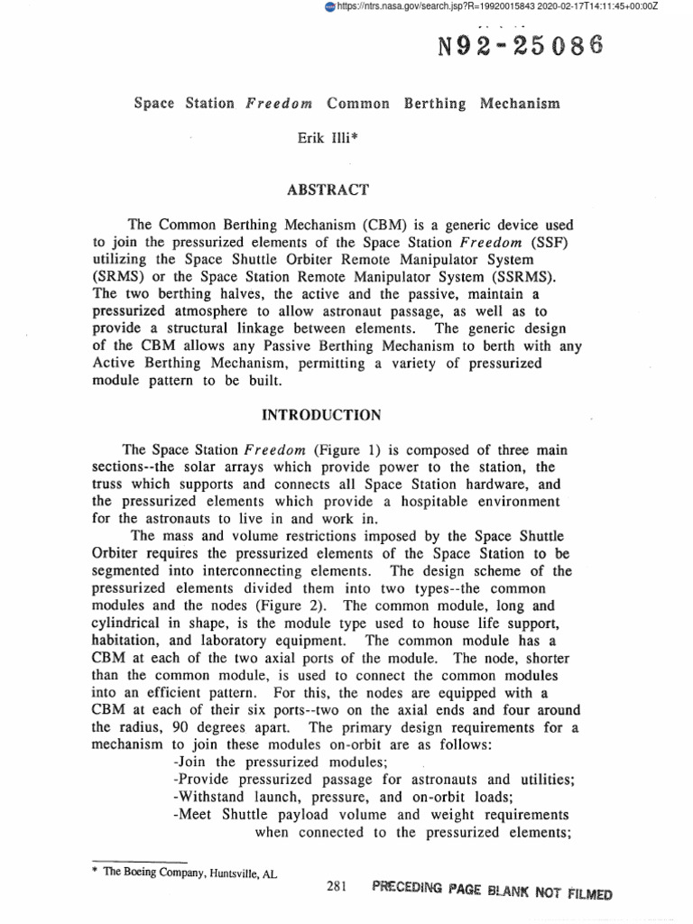 1992 - Space Station Freedom Common Berthing Mechanism | PDF
