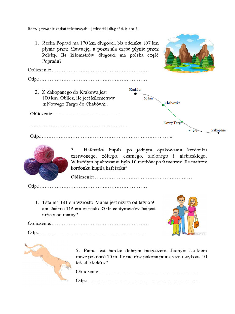 Klasa 3 Rozwiazywanie Zadan Tekstowych Jednostki Dlugosci. | PDF