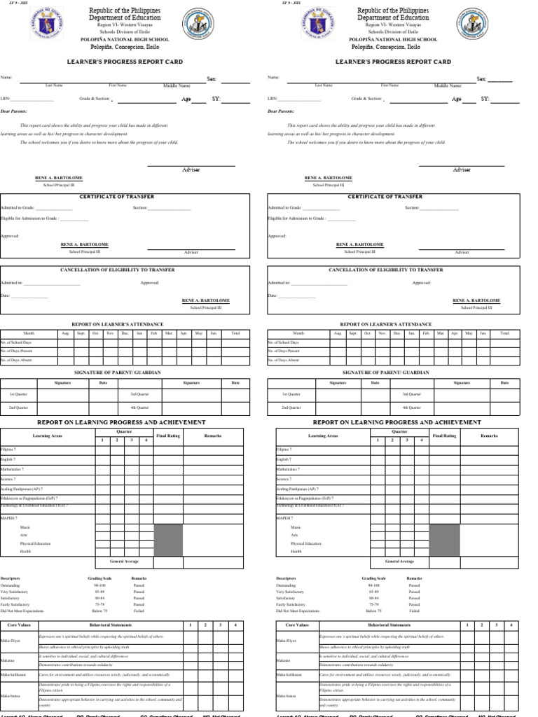 JHS - SF9 Report Card | PDF