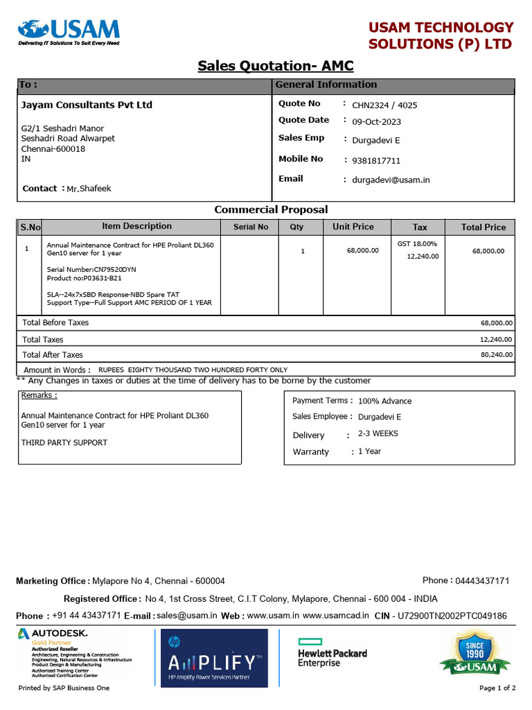 AMC Quotation for HPE Proliant Server | PDF | Business