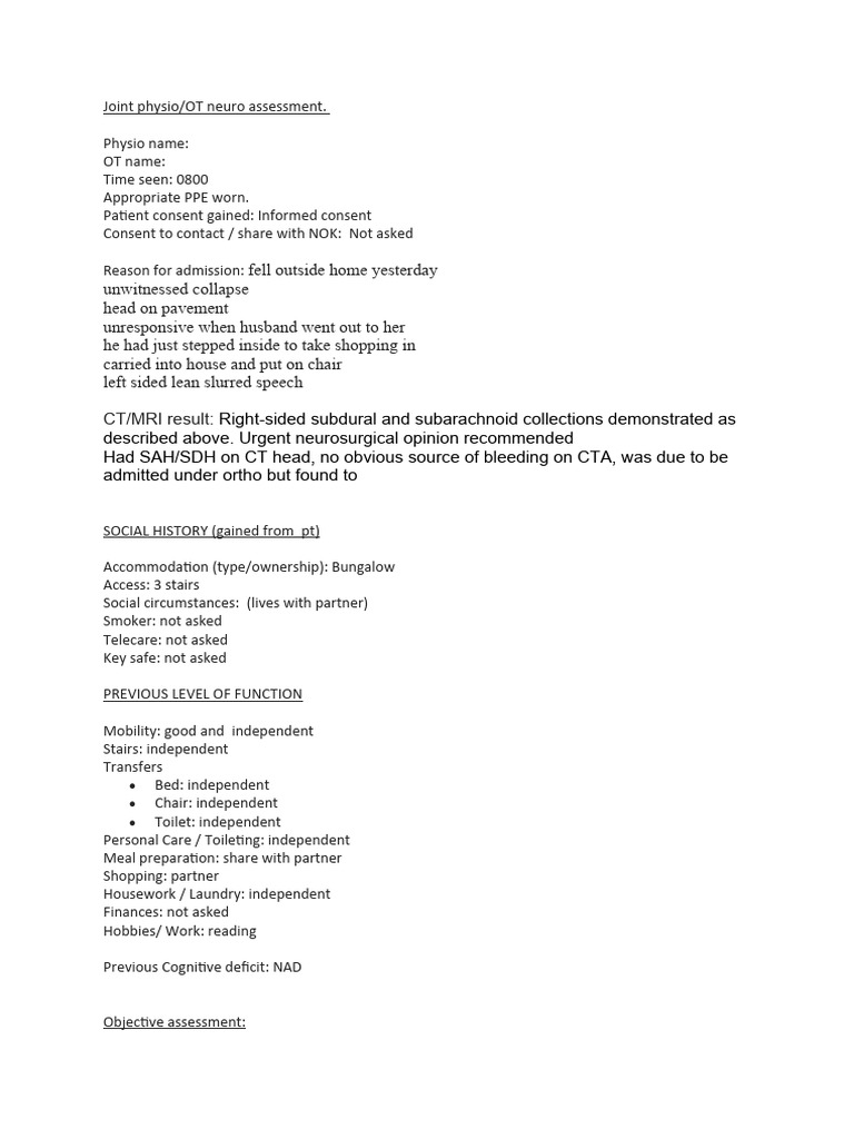 Neuro Assessment Initial Findings | PDF