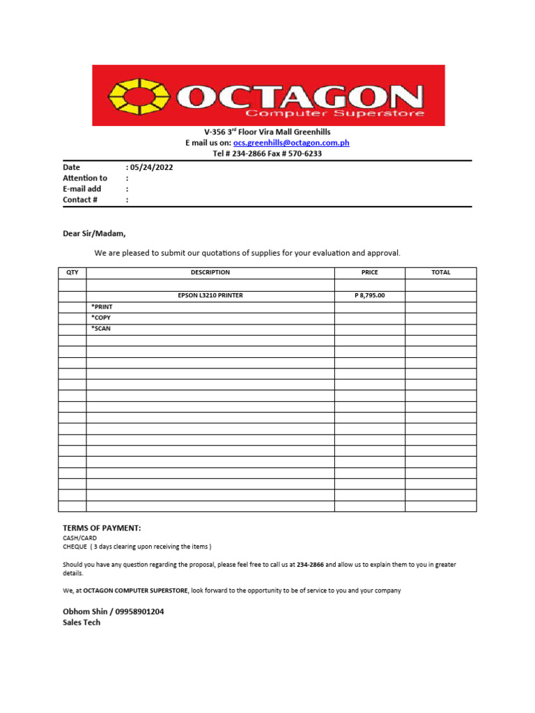 Quotation for Epson L3210 Printer | PDF | Business | Computers