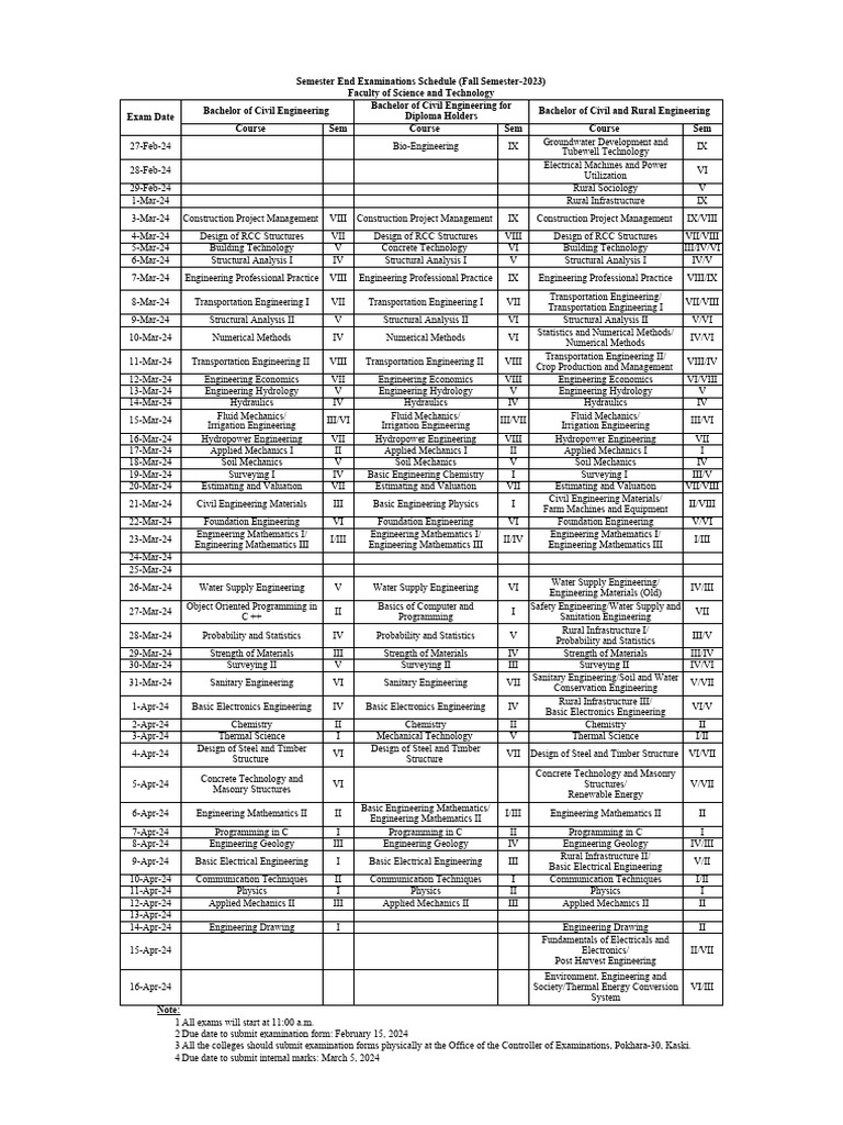 ExaminationSchedule BEArchBCAB.Sc .Env Fall2023 All Download