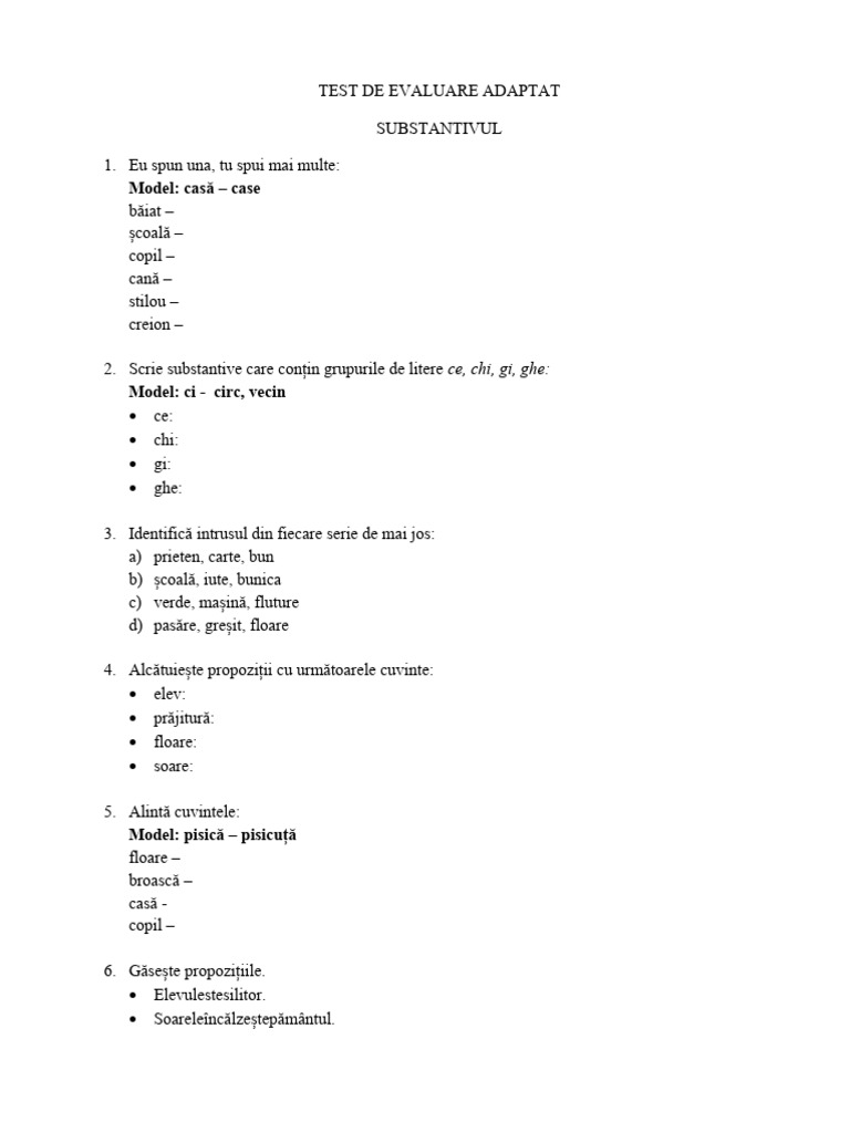 Test de Evaluare Adaptat Pentru Elevii Cu Ces Substantivul | PDF