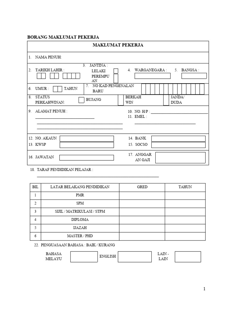 Borang Maklumat Pekerja Pdf