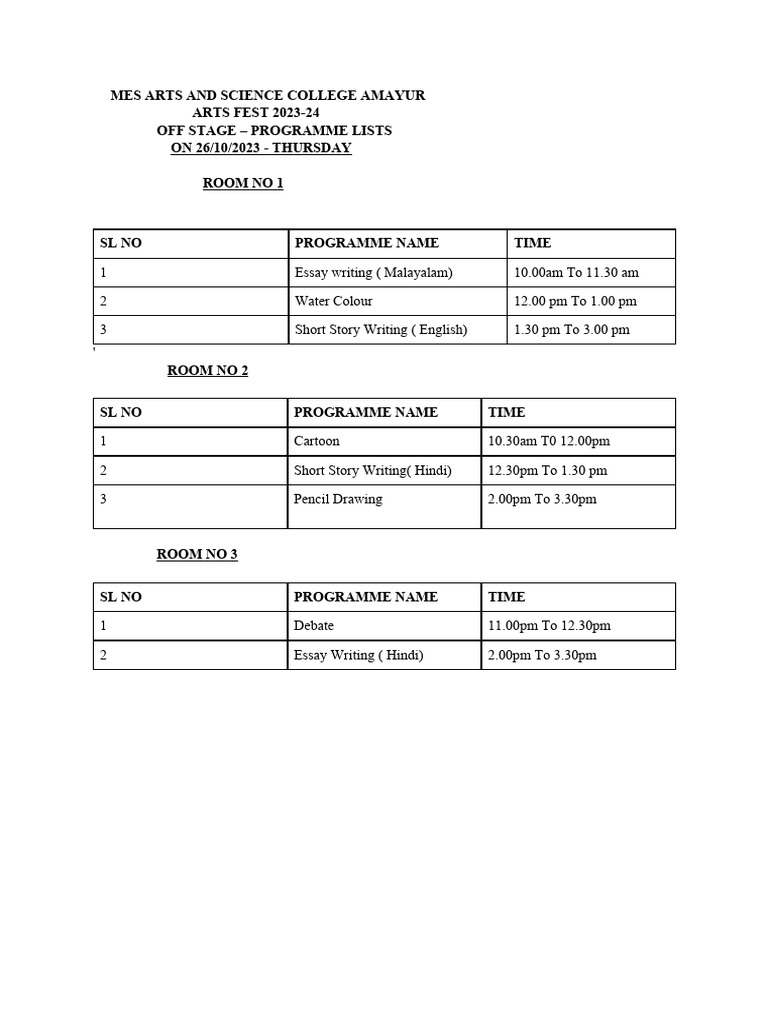 Arts Fest Offstage Schedule 2023-24 | PDF