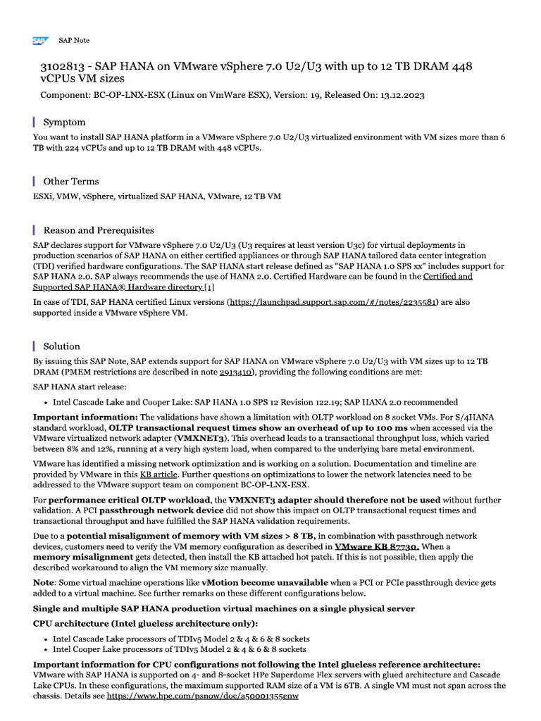 Sap hana on vmware vsphere 7 0 u2 u3 with up to 12 tb dram 448 vcpus vm