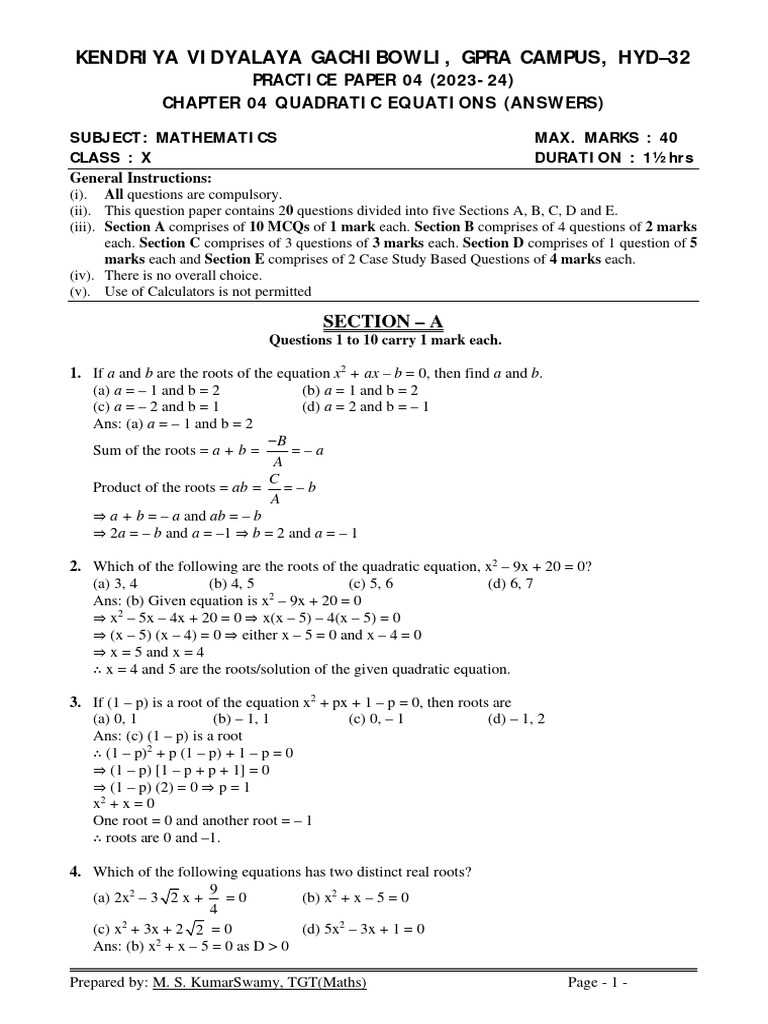 Maths Class X Chapter 04 Quadratic Equations Practice Paper 04 Answers ...