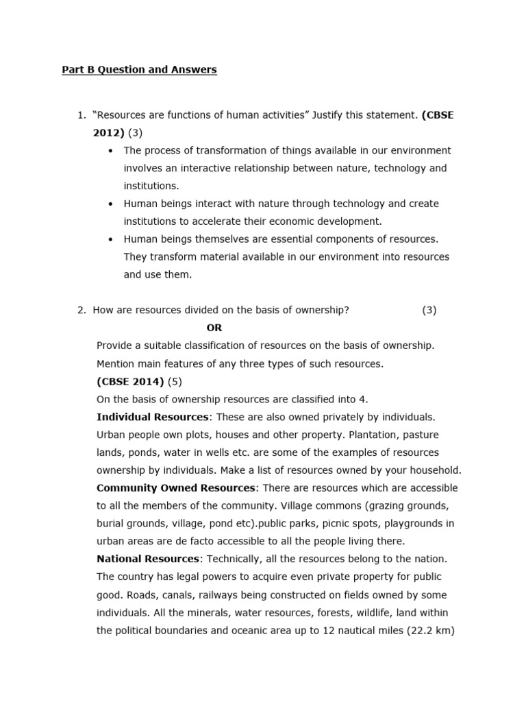 Chapter 1 Resources and Development Part B Question and Answers | PDF ...