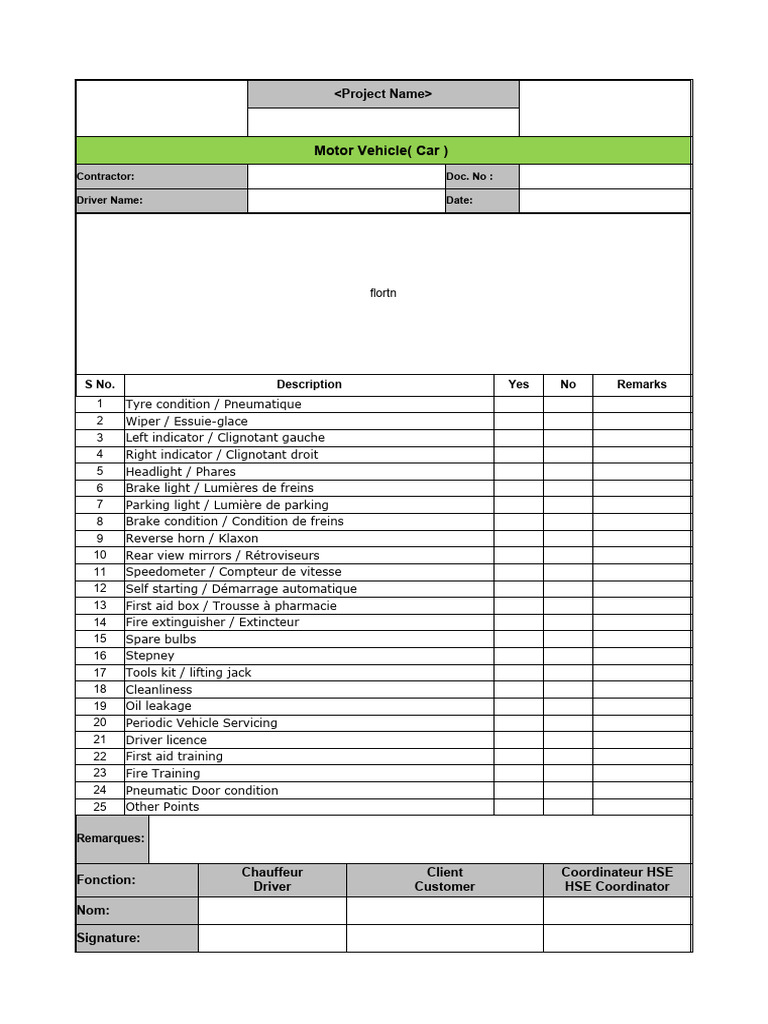 Motor Vehicle Inspection Checklist | PDF