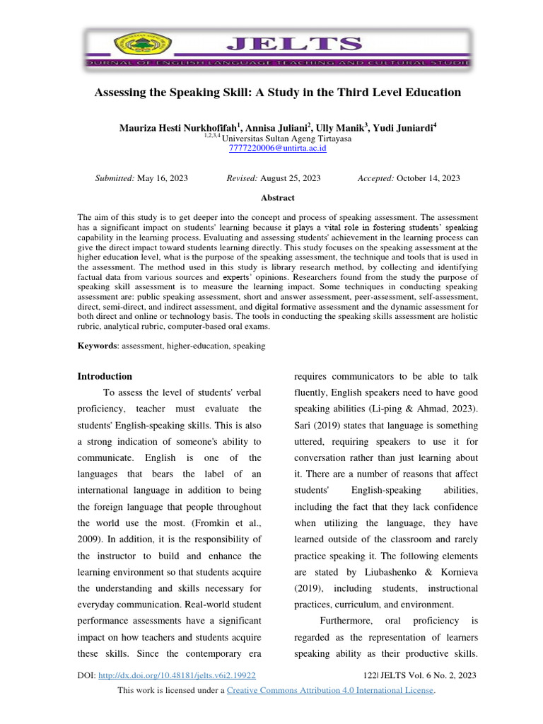 Speaking Skill Assessment in Higher Education | PDF
