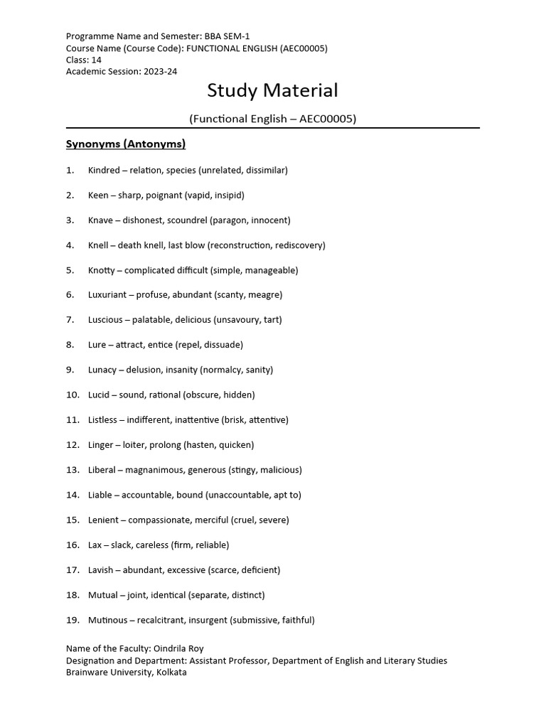 Synonyms - Antonyms Notes | PDF