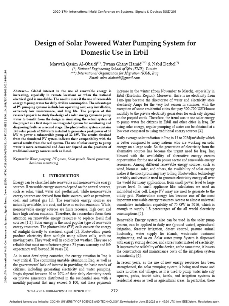 Solar Water Pumping System Design in Erbil | PDF