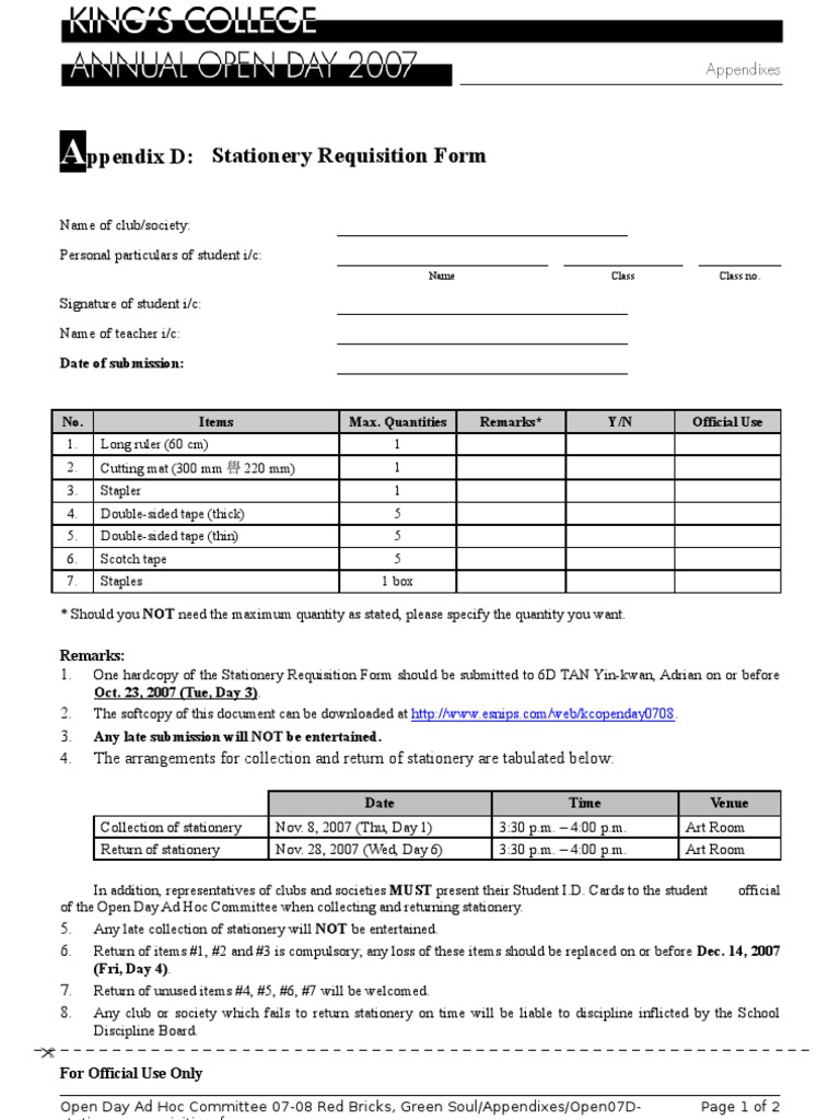 Open07DStationery Requisition Form PDF Office Equipment Stationery