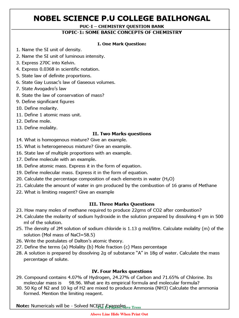 1st PUC Chemistry Question Bank PDF | PDF | Mole (Unit) | Chemical Bond