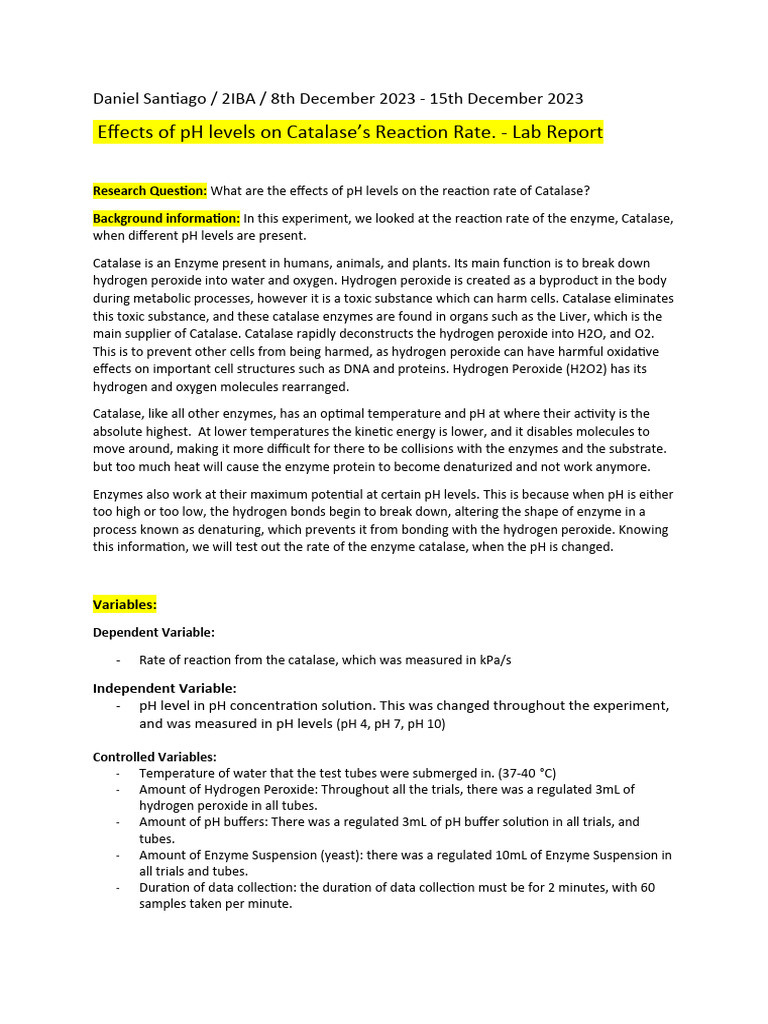Catalase Lab Report PDF