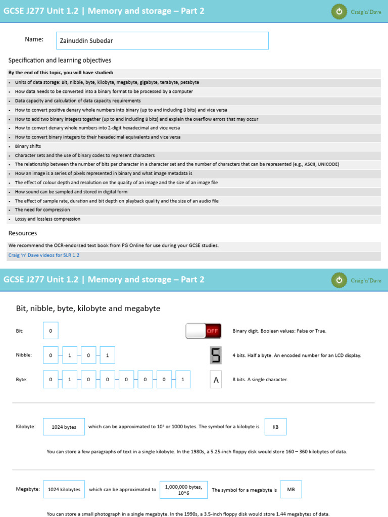 Memory and Storage: GCSE J277 Unit 1.2 | PDF | Data Compression | Byte