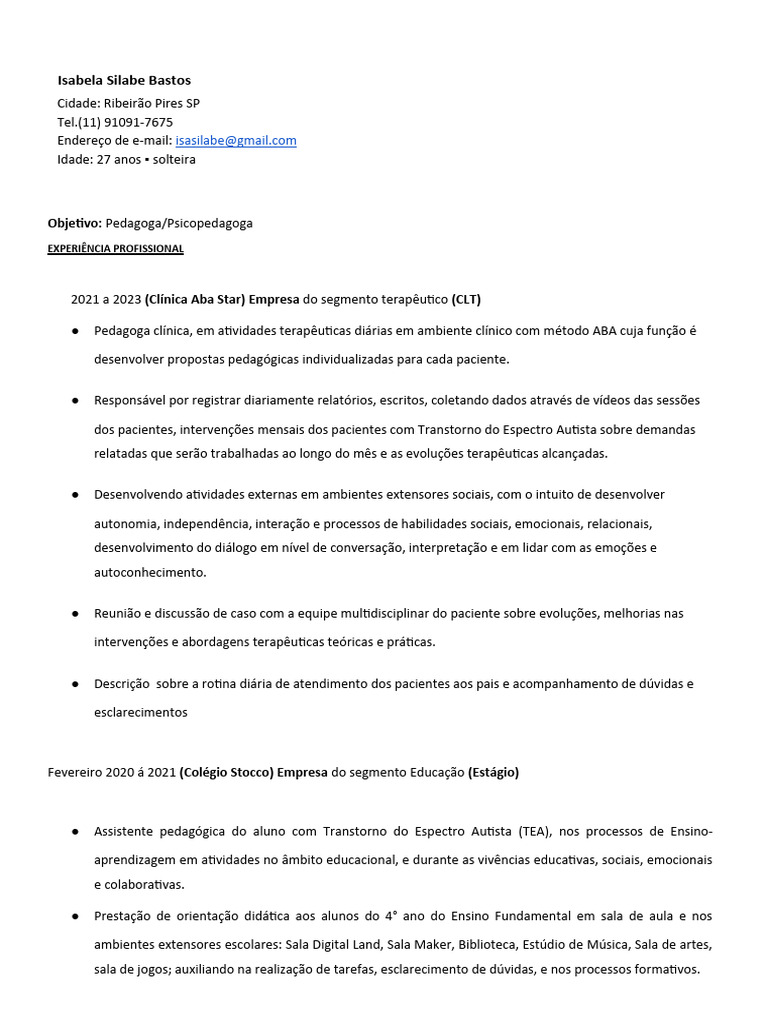 Currículo de Pedagoga e Psicopedagoga | PDF | Pedagogia | Cognição