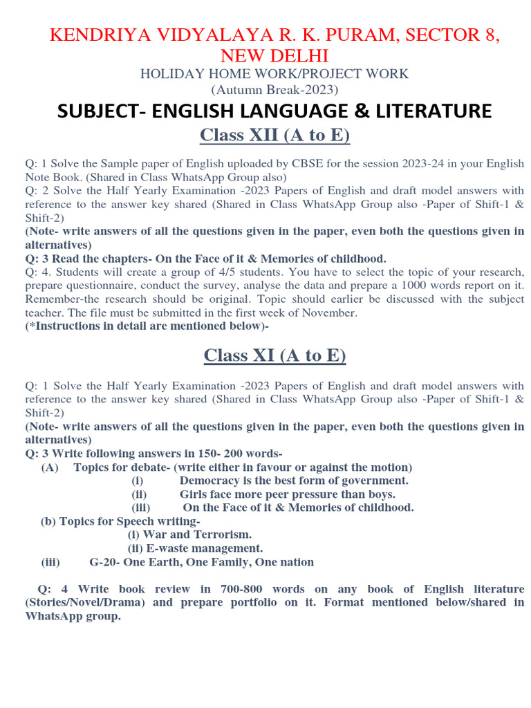 Autumn break holiday homework 2023 english 11 and 12 pdf essays