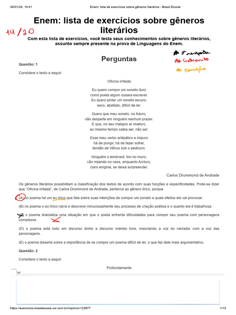 Enem - Lista de Exercícios Sobre Gêneros Literários - Brasil Escola | PDF