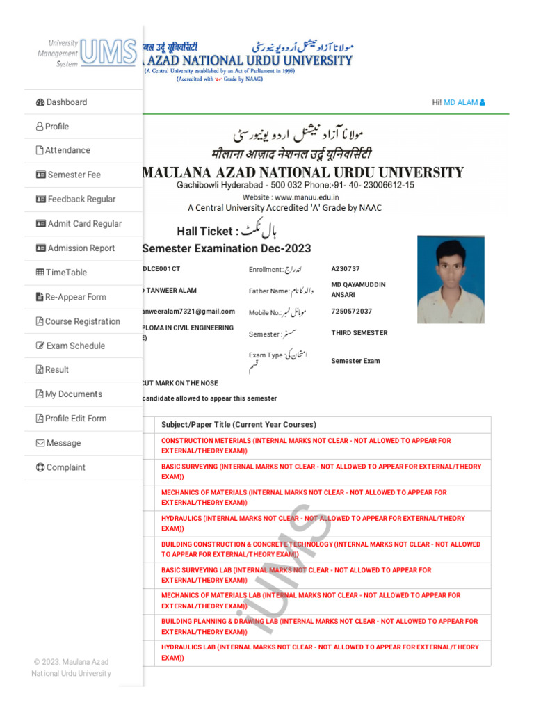MANUU 2023 Semester Exam Hall Ticket | PDF | Government