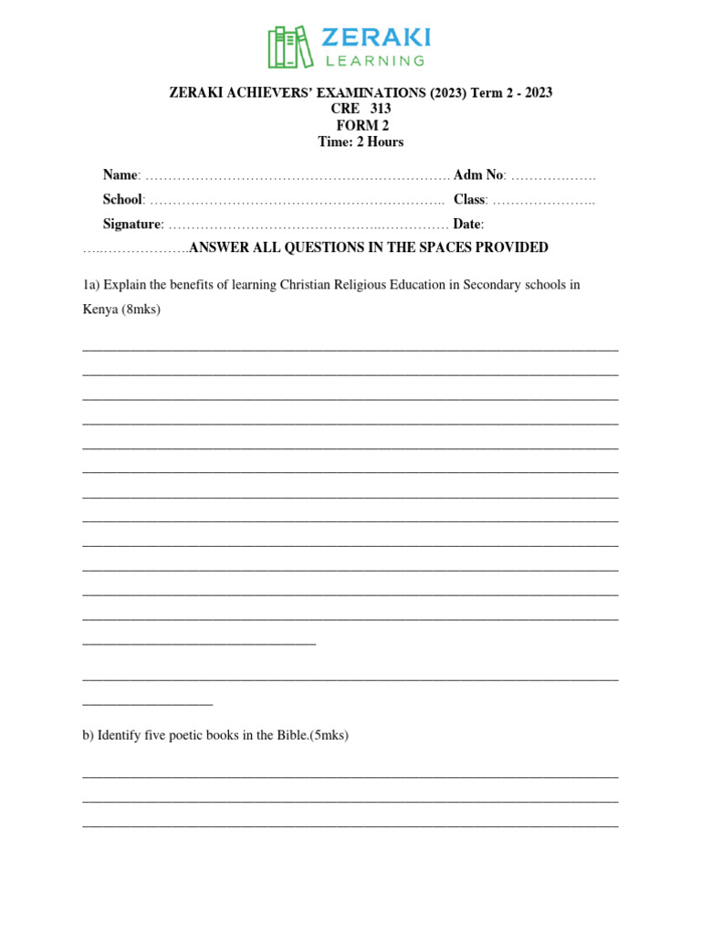CRE Form 2 - Question Paper | PDF