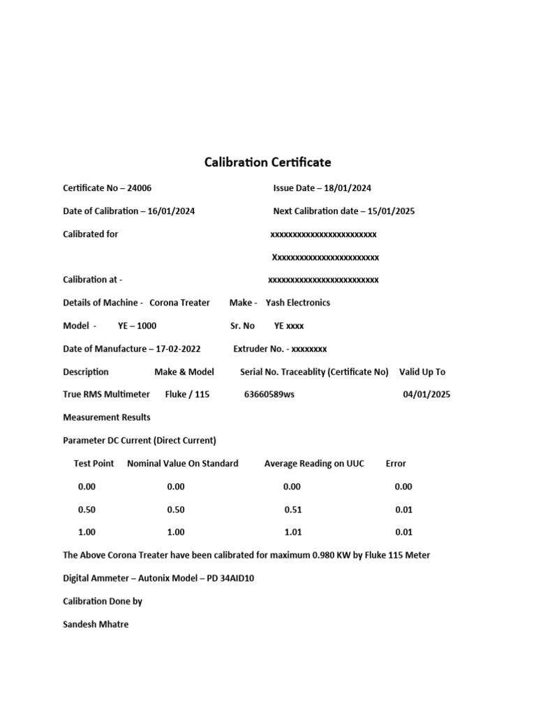 Calibration Certificate PDF