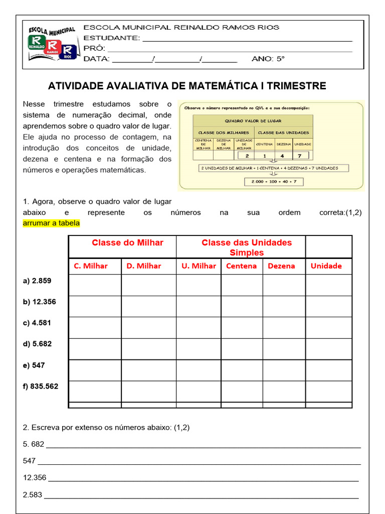 ATIVIDADE AVALIATIVA DE MATEMATICA - 5º Ano | PDF | Decimal | Notação ...