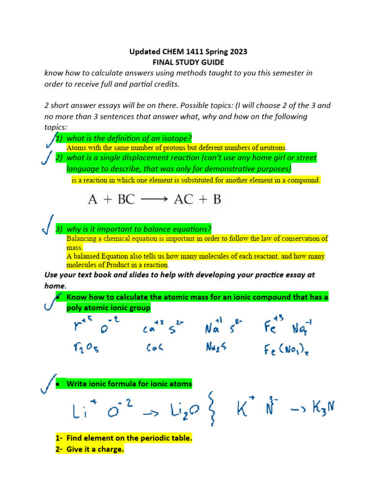 CHEM 1411 Spring 2023 Study Guide | PDF