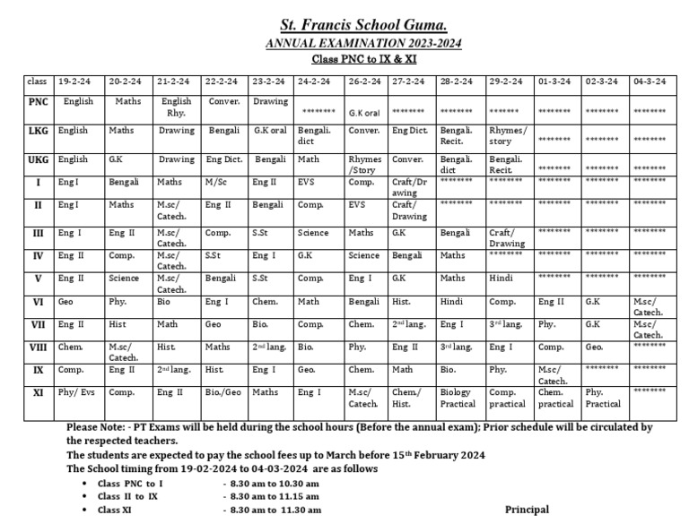 Annual Examination Time Table 20232024 PDF