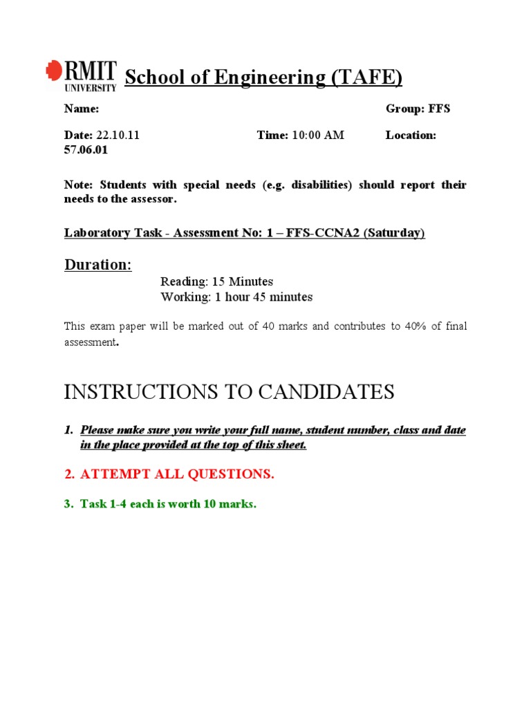 TAFE CCNA Lab Assessment Guide | PDF | Router (Computing) | Internet ...